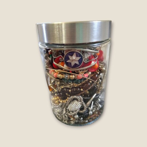 Mystery Jewelry Jar Over 2 Lbs Nice Wearable Jewelry Glass Jar With Lid Mixed St - Picture 1 of 7